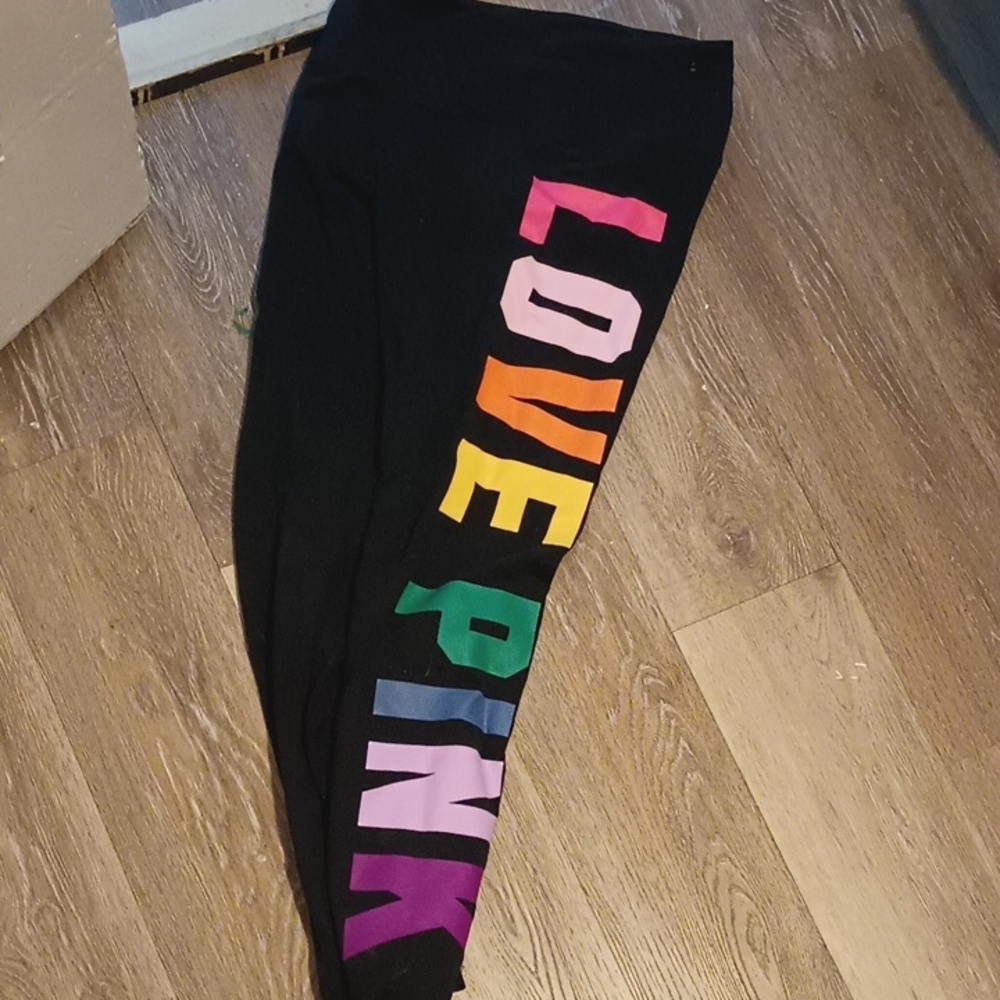 PINK Victoria's Secret Black and Pink Leggings with Vibrant Print